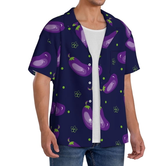 Lsque Eggplant print Men's Cuban Collar Short Sleeve Shirt Summer Beachwear Casual Button Down Fashionable Vacation Leisure Shirt-Medium