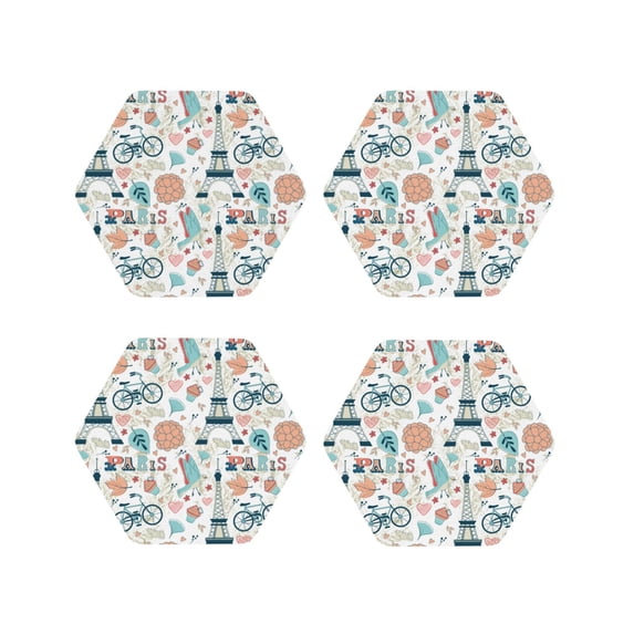 Lsque Eiffel Tower Pattern 4" Drink Coasters Set of 4, PVC Leather Absorbent Coasters, Table Coaster Set Decorative Coffee Cup Coasters Housewarming Gift -Hexagon