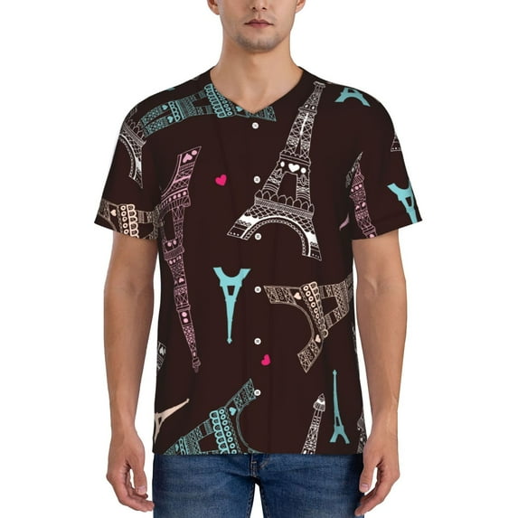 Lsque Eiffel Tower Pattern Mens Polo Golf Shirts Funny Graphics Shorts Sleeve Button Shirts Baseball T-shirt-Large