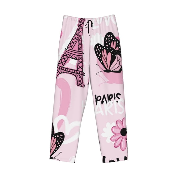 Lsque Eiffel Tower and Butterflies Print Men's Pajama Pants, Lounge Pant - Comfortable Home Wear,Elastic Waistband, Stylish Design-Medium