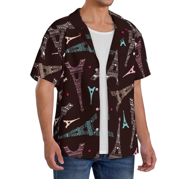 Lsque Eiffel Tower print Men's Cuban Collar Short Sleeve Shirt Summer Beachwear Casual Button Down Fashionable Vacation Leisure Shirt-Medium