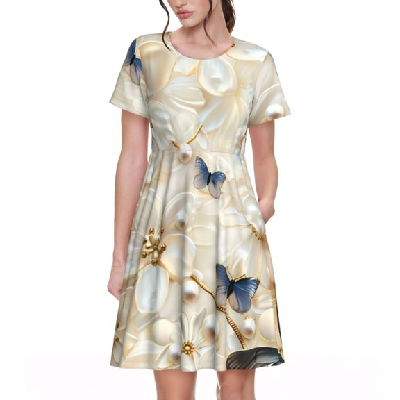 Lsque Elegant Butterflies And Pearls Print Women's Casual Dress T-Shirt Summer Short Sleeve Scoop Neck Swing Dresses