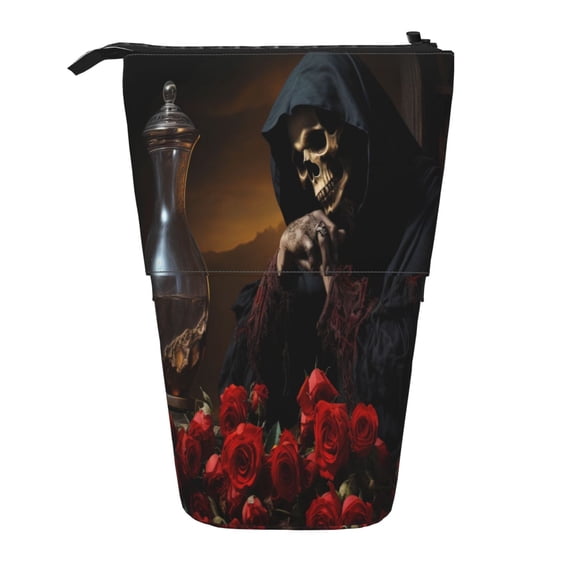 Lsque Elegant Rose Skull Pattern Telescopic Pencil Bag Pen Holder Stationery Case, Stand-up Retractable Transformer Bag Organizer
