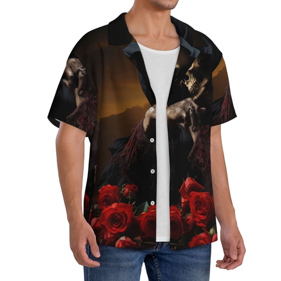 Lsque Elegant Rose Skull print Men's Cuban Collar Short Sleeve Shirt Summer Beachwear Casual Button Down Fashionable Vacation Leisure Shirt-3X-Large