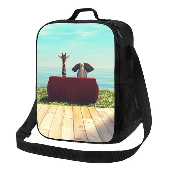 Lsque Elehpant And A Giraffe Looking At The Sea Lunch Bag Lunch Box for Women Men Reusable Insulated Lunch Tote Bag,Leakproof Thermal Cooler Sack Food Handbags Case High Capacity