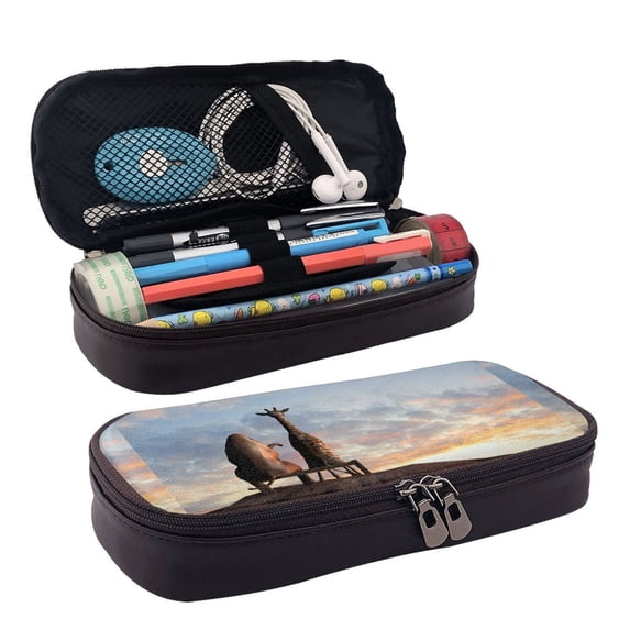 Lsque Elephant Giraffe Printed Big Capacity PU Leather Pencil Case Large Pencil Pouch Stationery Pen Bag Pencil Holder for Teen