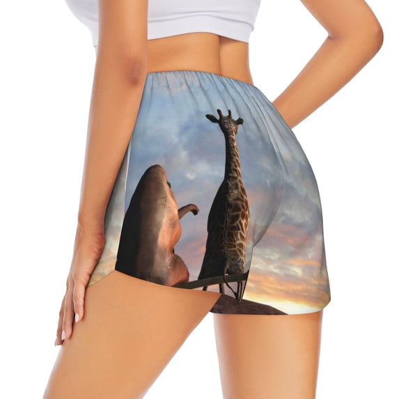 Lsque Elephant Giraffe Printed Women's Running Shorts with Liner Pockets,Elastic Quick Dry Workout Athletic Gym Yoga Shorts,Womens High Waist Shorts-X-Large