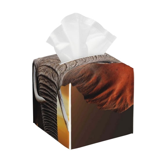 Lsque Elephant Sunset in Kenya Printed Tissue Box Cover Holder, Facial Paper Organizer Dispenser,Square with Bottom Belt, PVC Leather Decorative Organizer