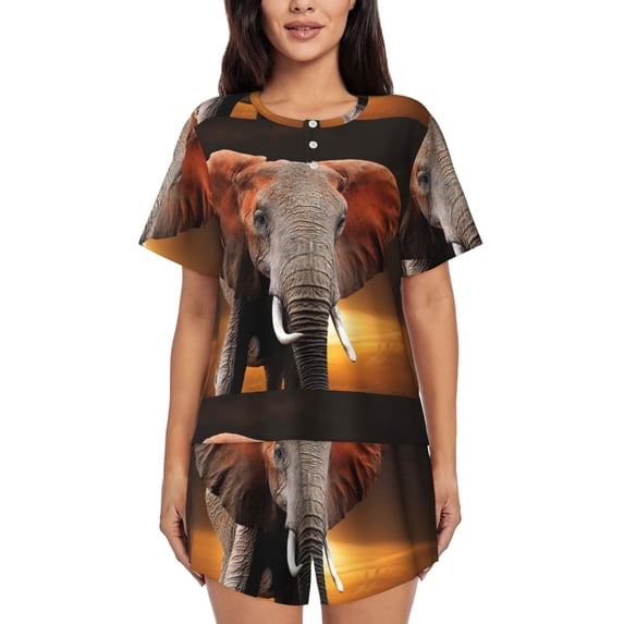 Lsque Elephant Sunset in Kenya Women's Short-Sleeved Pajama Set - 2 Piece Soft and Lightweight Sleepwear Set-3X-Large