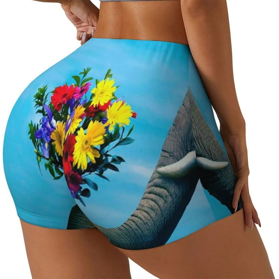 Lsque Elephant Trunk Couple Flowers Pattern High Waisted Biker Shorts for Women-Tummy Control Fitness Athletic Workout Running Yoga Gym Shorts,Moisture-Wicking-Large