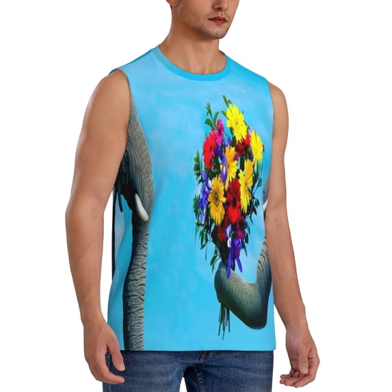 Lsque Elephant Trunk Couple Flowers Print Men's Cotton Blend Sleeveless Muscle Shirts (S-3XL)- Moisture Wicking, Odor Protection, UPF 30+,XX-Large