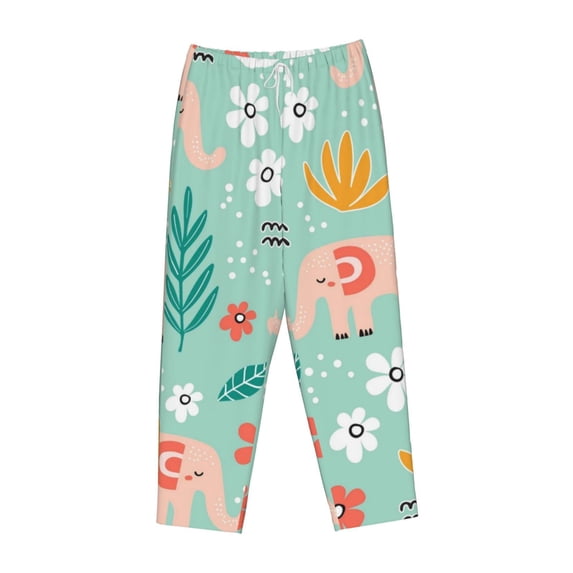 Lsque Elephant and Flowers Print Women's Pajama Pants, Lounge Pant - Comfortable Home Wear,Elastic Waistband, Stylish Design-Large