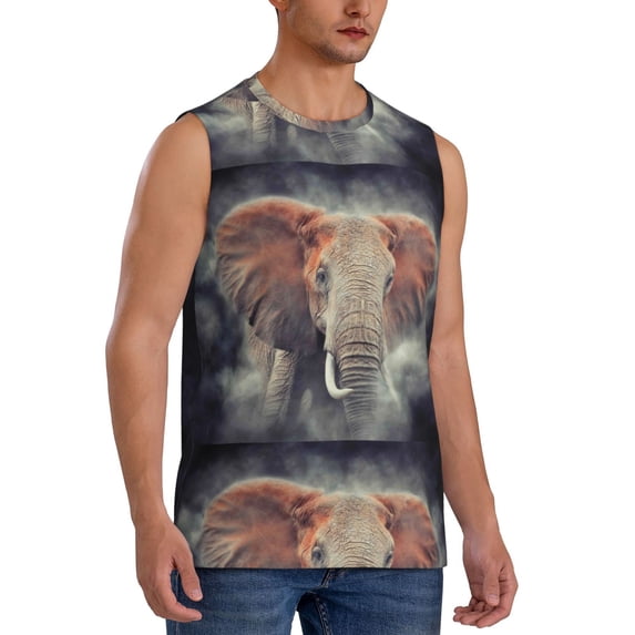 Lsque Elephant in Smoke Print Men's Cotton Blend Sleeveless Muscle Shirts (S-3XL)- Moisture Wicking, Odor Protection, UPF 30+,Medium