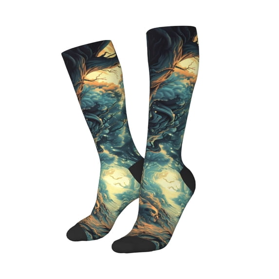 Lsque Enchanted Forest Skull Path Printed Crew Socks Men's Women's LightWeight Thin Casual Calf Socks ,Knee High Socks,Cotton Socks