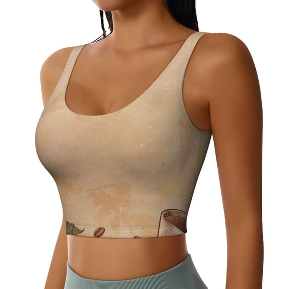 Lsque Engraved Coffee On Kraft Paper Printed Women'S Sports Bra, Compression, Moisture Wicking, High-Impact Sports Bra For Women,Supportive sports bra-Small