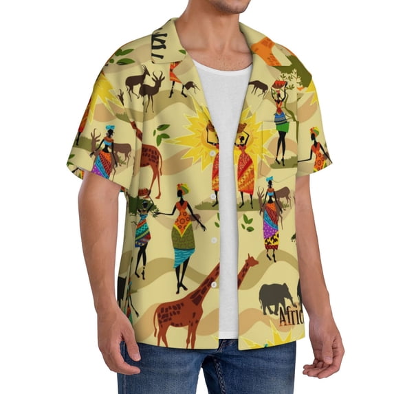 Lsque Ethnic African print Men's Cuban Collar Short Sleeve Shirt Summer Beachwear Casual Button Down Fashionable Vacation Leisure Shirt-Small