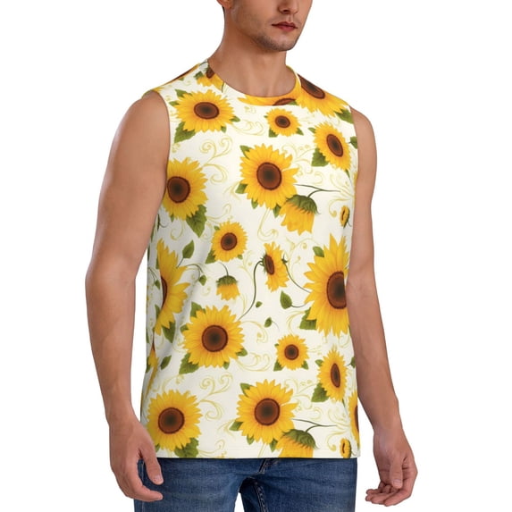 Lsque European-style Pattern Sunflower A Print Men's Cotton Blend Sleeveless Muscle Shirts (S-3XL)- Moisture Wicking, Odor Protection, UPF 30+,X-Large