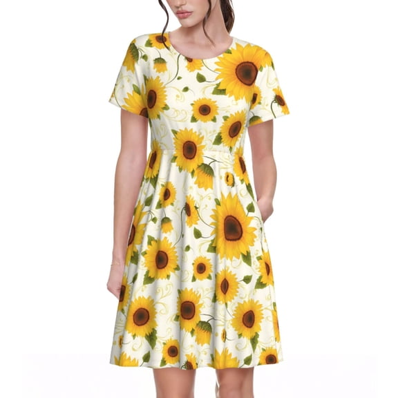 Lsque European-style Pattern Sunflower A Print Women's Casual Dress T-Shirt Summer Short Sleeve Scoop Neck Swing Dresses