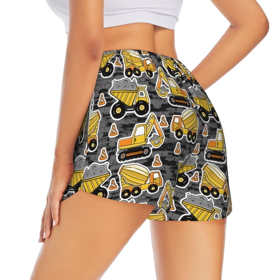 Lsque Excavator At Work Printed Women's Running Shorts with Liner Pockets,Elastic Quick Dry Workout Athletic Gym Yoga Shorts,Womens High Waist Shorts-Medium