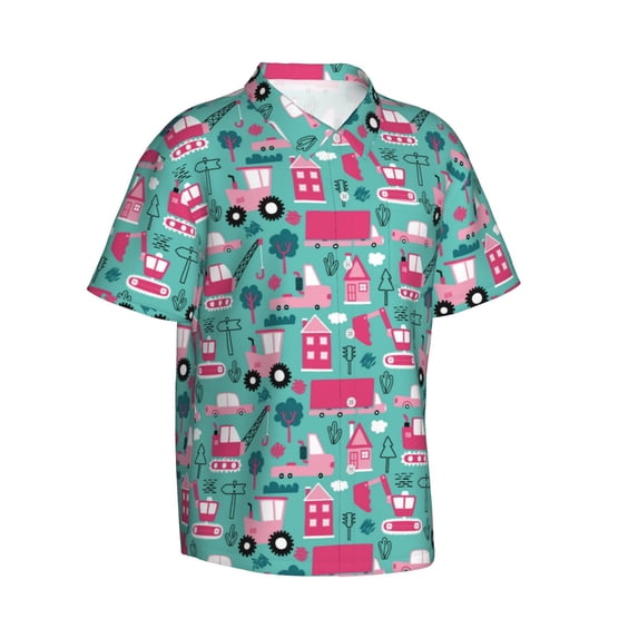 Lsque Excavator pattern Hawaiian Shirt for Men, Unisex Summer Beach Casual Short Sleeve Button Down Shirts-Small