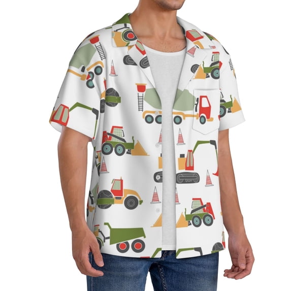 Lsque Excavator print Men's Cuban Collar Short Sleeve Shirt Summer Beachwear Casual Button Down Fashionable Vacation Leisure Shirt-X-Large