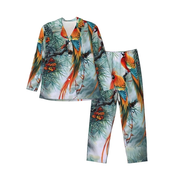 Lsque Exotic Birds Forest Pattern Long Sleeve Pajama Set for Men - Soft 2-Piece Sleepwear and Loungewear Set with Pockets, Comfy Nightwear-X-Large