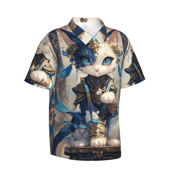 Lsque Exotic Blue Cat pattern Hawaiian Shirt for Men, Unisex Summer Beach Casual Short Sleeve Button Down Shirts-Large