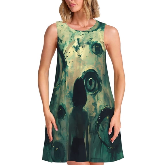 Lsque Eyes Watching In The Dark Pattern Summer Dresses for Women – Sleeveless T-Shirt Swing Sundress, Perfect for the Beach and Casual Days
