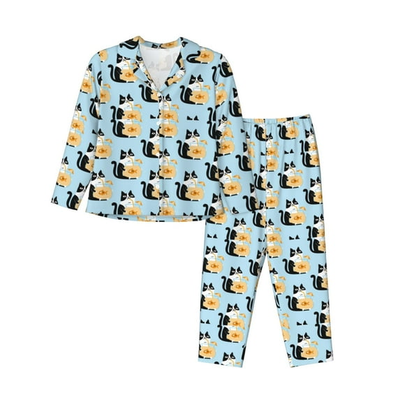 Lsque FUNNY CAT IS DRINKING WATER Pattern Long Sleeve Pajama Set for Women - Soft 2-Piece Sleepwear and Loungewear Set with Pockets, Comfy Nightwear-Medium