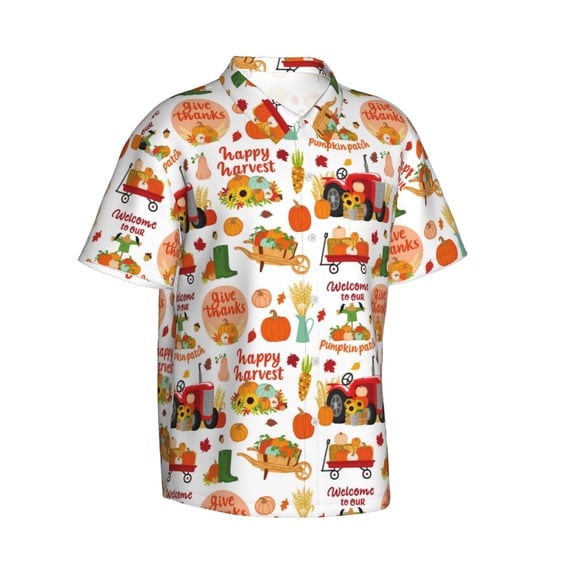 Lsque Fall Farm Pumpkin pattern Hawaiian Shirt for Men, Unisex Summer Beach Casual Short Sleeve Button Down Shirts-Medium