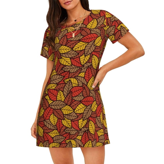 Lsque Fall Leaves Pattern Nightgowns for Women Sleep Shirts Short Sleeve Nightshirt Pullover Nightdress Soft Sleepwear Relaxed Fit Nightdress