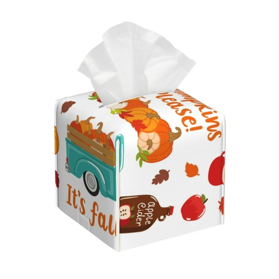 Lsque Fall Pumpkins Printed Tissue Box Cover Holder, Facial Paper Organizer Dispenser,Square with Bottom Belt, PVC Leather Decorative Organizer