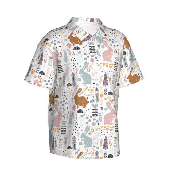 Lsque Fall Rabbit pattern Hawaiian Shirt for Men, Unisex Summer Beach Casual Short Sleeve Button Down Shirts-X-Large