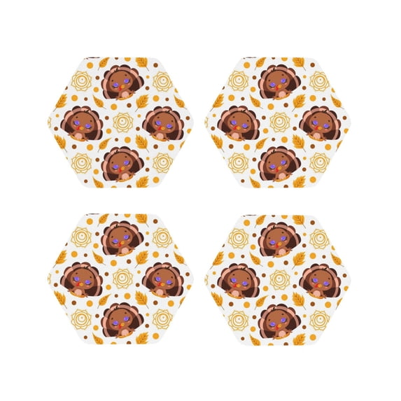 Lsque Fall Turkey Pattern 4" Drink Coasters Set of 4, PVC Leather Absorbent Coasters, Table Coaster Set Decorative Coffee Cup Coasters Housewarming Gift -Hexagon