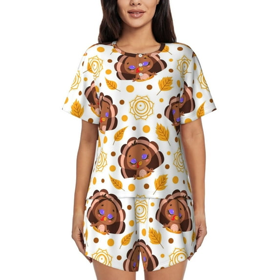 Lsque Fall Turkey Women's Short-Sleeved Pajama Set - 2 Piece Soft and Lightweight Sleepwear Set-Medium