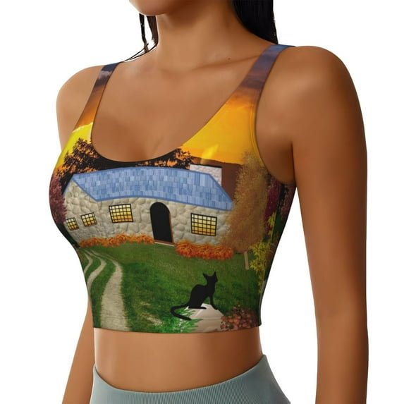 Lsque Fall Village Scenery Printed Women'S Sports Bra, Compression, Moisture Wicking, High-Impact Sports Bra For Women,Supportive sports bra-Small
