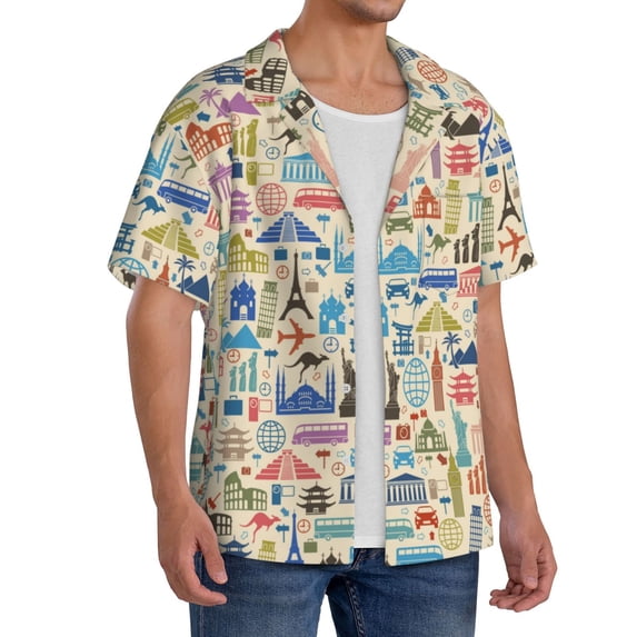 Lsque Famous Places print Men's Cuban Collar Short Sleeve Shirt Summer Beachwear Casual Button Down Fashionable Vacation Leisure Shirt-Medium