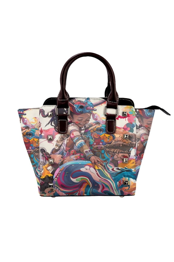 Fantasy Colorful Beast Pattern Leather Rivet Shoulder Bag  Elegant Genuine Leather & Microfiber PU Crossbody with Detachable Adjustable Strap