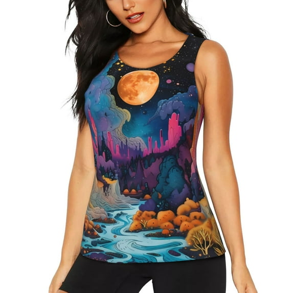 Lsque Fantasy Cosmic Landscape Printed Workout Tank Tops for Women, Athletic Sports Tank Tops, Compression Sleeveless Dry Fit Shirts,Sleeveless Yoga Shirt-Medium