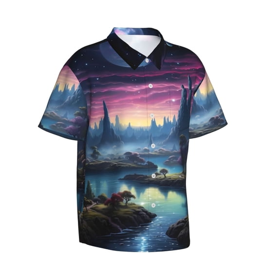 Lsque Fantasy Landscape Starry Night pattern Hawaiian Shirt for Men, Unisex Summer Beach Casual Short Sleeve Button Down Shirts-3X-Large