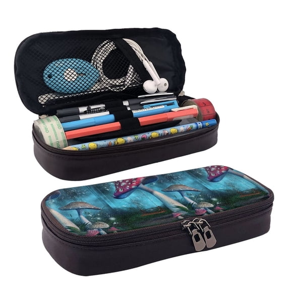 Lsque Fantasy Mushrooms Printed Big Capacity PU Leather Pencil Case Large Pencil Pouch Stationery Pen Bag Pencil Holder for Teen