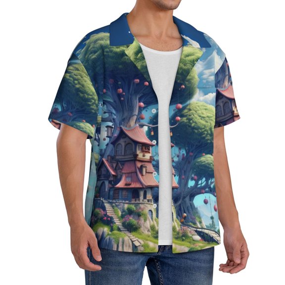 Lsque Fantasy Treehouse Planet Scene print Men's Cuban Collar Short Sleeve Shirt Summer Beachwear Casual Button Down Fashionable Vacation Leisure Shirt-3X-Large