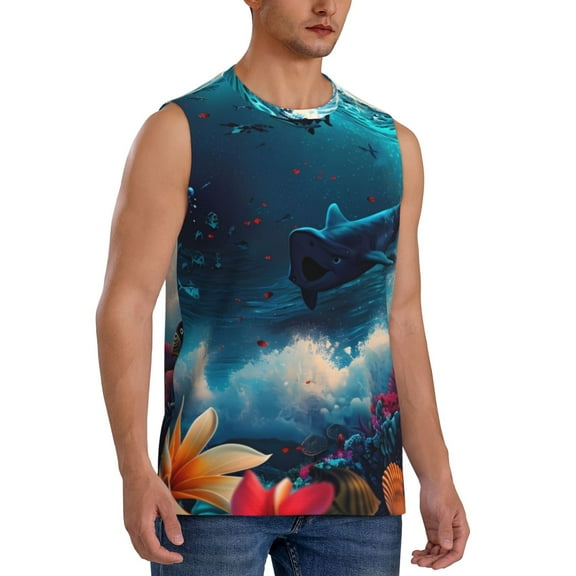 Lsque Fantasy Underwater Adventure Print Men's Cotton Blend Sleeveless Muscle Shirts (S-3XL)- Moisture Wicking, Odor Protection, UPF 30 ,Large