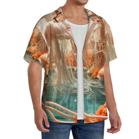 Lsque Fantasy Underwater Jellyfish print Men's Cuban Collar Short Sleeve Shirt Summer Beachwear Casual Button Down Fashionable Vacation Leisure Shirt-4X-Large