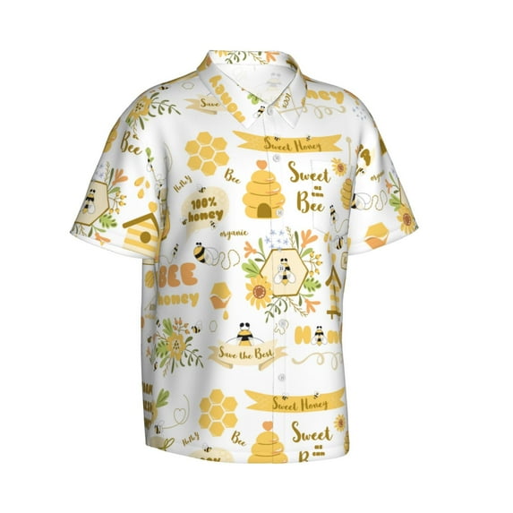 Lsque Farm Bee Cute Honey pattern Hawaiian Shirt for Men, Unisex Summer Beach Casual Short Sleeve Button Down Shirts-Large