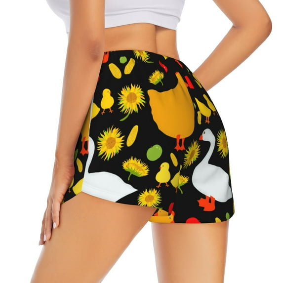 Lsque Farm Goose Printed Women's Running Shorts with Liner Pockets,Elastic Quick Dry Workout Athletic Gym Yoga Shorts,Womens High Waist Shorts-Small
