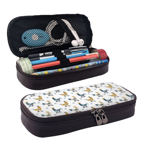 Lsque Farm Roosters Printed Big Capacity PU Leather Pencil Case Large Pencil Pouch Stationery Pen Bag Pencil Holder for Teen