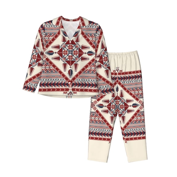 Lsque Fashion Tatreez Pattern Long Sleeve Pajama Set for Women - Soft 2-Piece Sleepwear and Loungewear Set with Pockets, Comfy Nightwear-