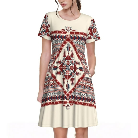 Lsque Fashion Tatreez Print Women's Casual Dress T-Shirt Summer Short Sleeve Scoop Neck Swing Dresses