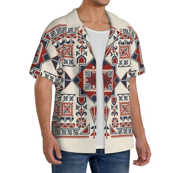Lsque Fashion Tatreez1 print Men's Cuban Collar Short Sleeve Shirt Summer Beachwear Casual Button Down Fashionable Vacation Leisure Shirt-XX-Large